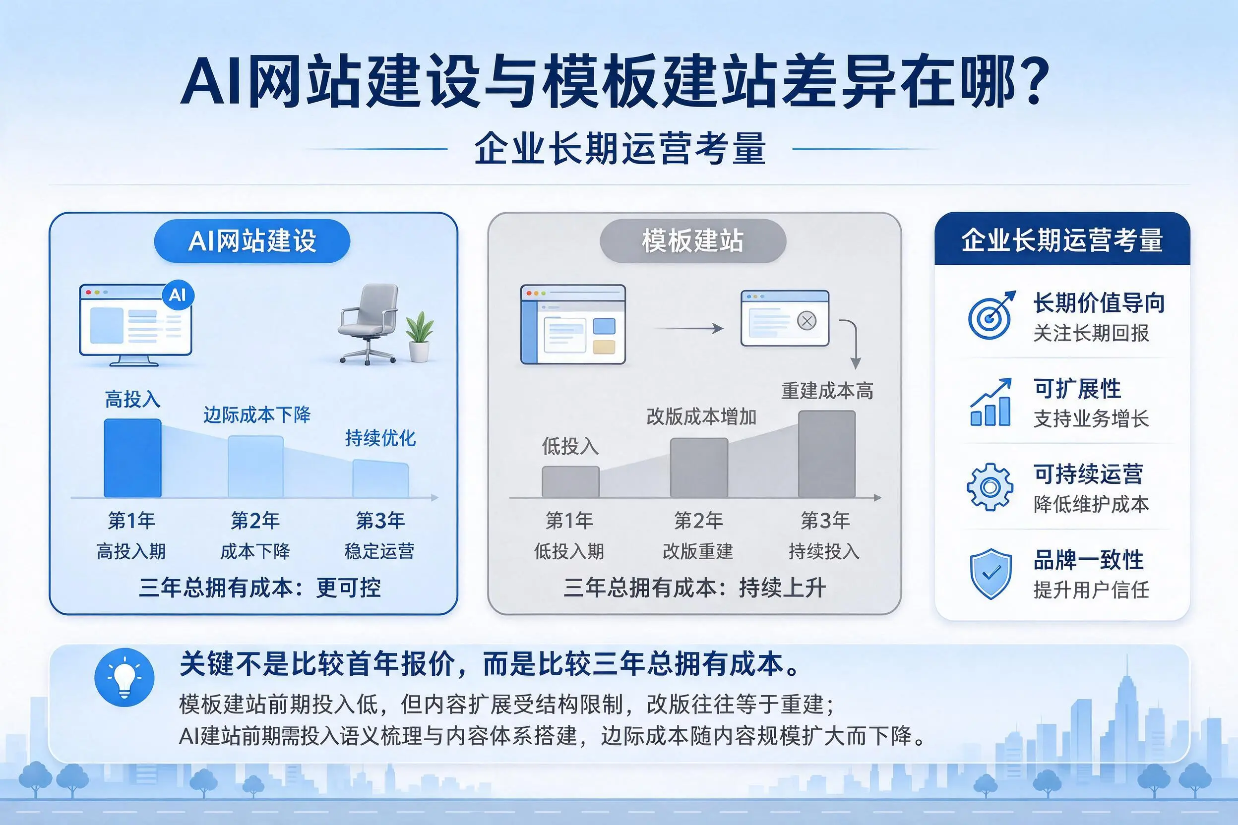 AI网站建设与模板建站差异在哪？东方企业长期运营考量