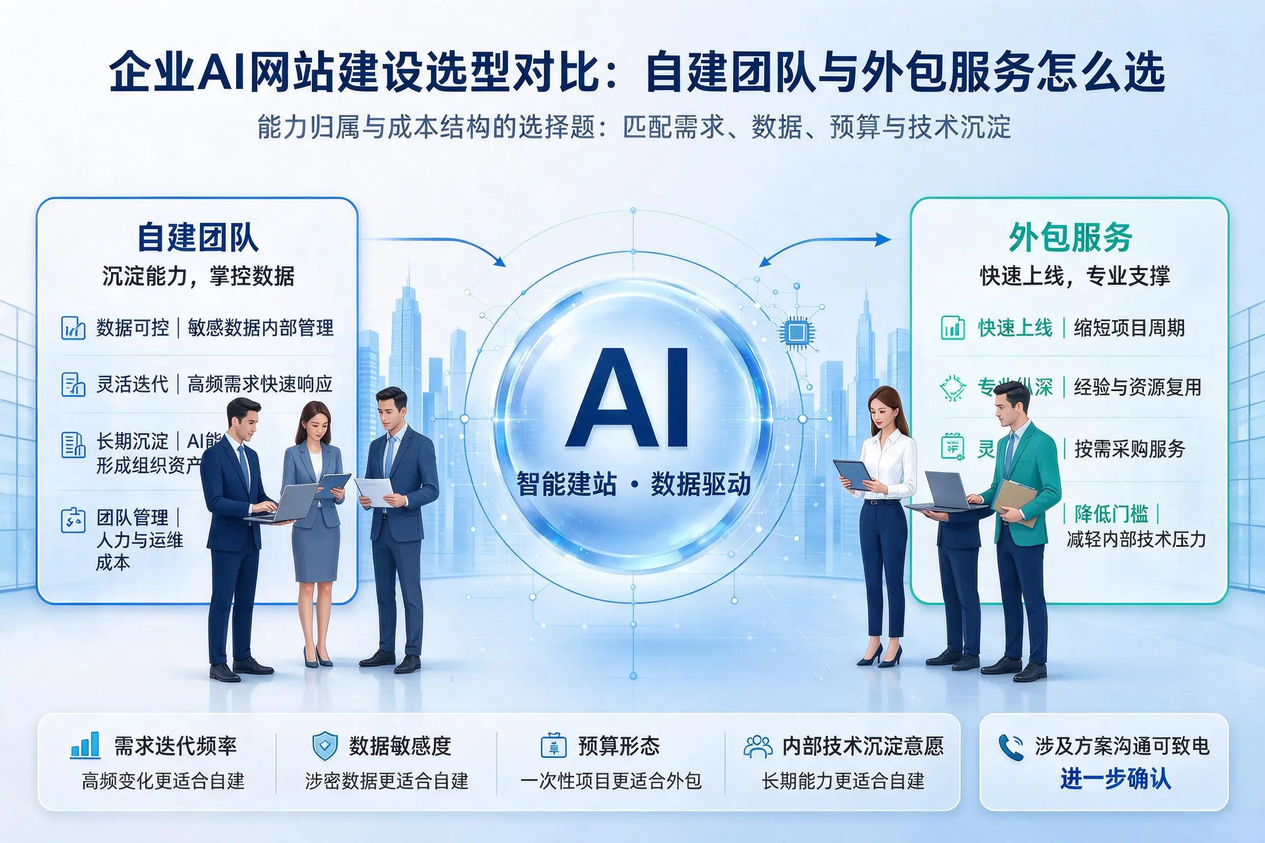 东方企业AI网站建设选型对比：自建团队与外包服务怎么选